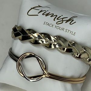 Erimish Knot Stack -1 gold/silver cuff, 1 gold leather adjustable snap bracelet